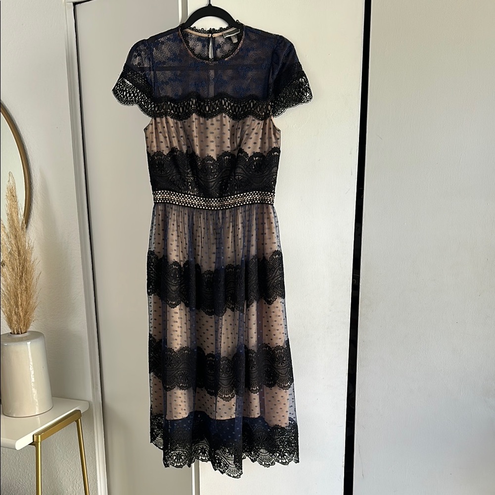 Elegant Blue, Black and Cream Lace Dress